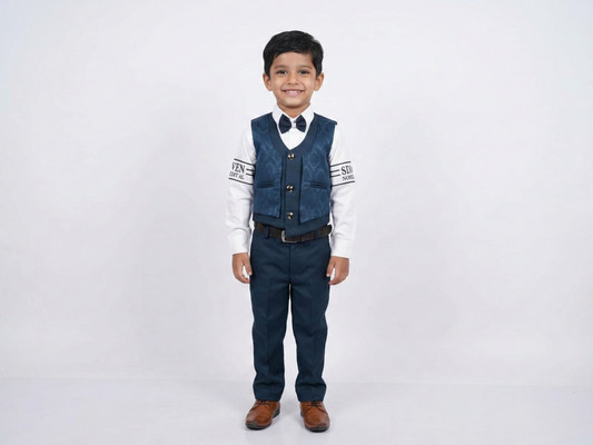 Boys 4-Piece Emerald Green Jacquard Vest Suit Set – Designer Printed Shirt & Formal Party Outfit