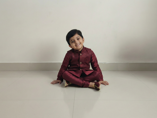 Boys 4-Piece Maroon Silk Ethnic Set: Kurta, Pajama, Embroidered Nehru Jacket & Matching Juttis