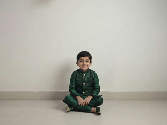 Boys 4-Piece Bottle Green Silk Ethnic Set: Kurta, Pajama, Gold-Embellished Nehru Jacket & Matching Juttis