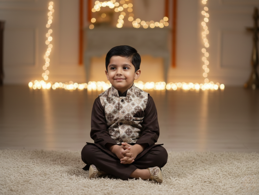 Boys 4-Piece Coffee Brown Ethnic Set with Jacket & Matching Mojaris