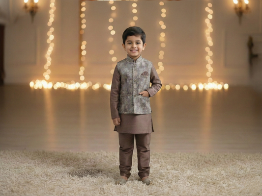 Boys 3-Piece Mocha Taupe Jacquard Nehru Jacket Set with Matching Mojaris