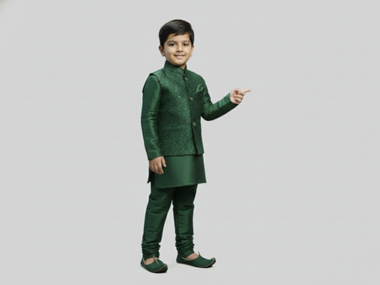 Boys 3-Piece Forest Green Jacquard Nehru Jacket Set with Matching Mojaris