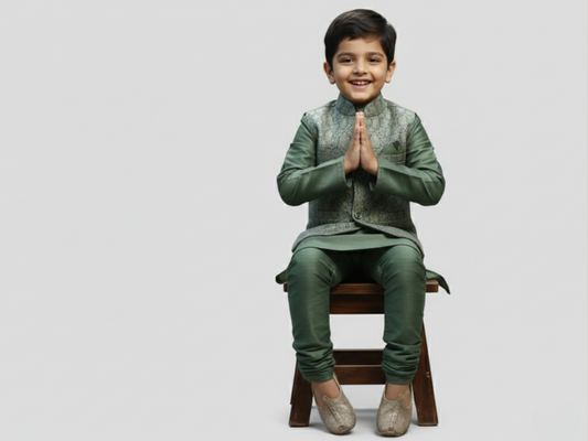 Boys 3-Piece Olive Green Jacquard Nehru Jacket Set with Matching Mojaris